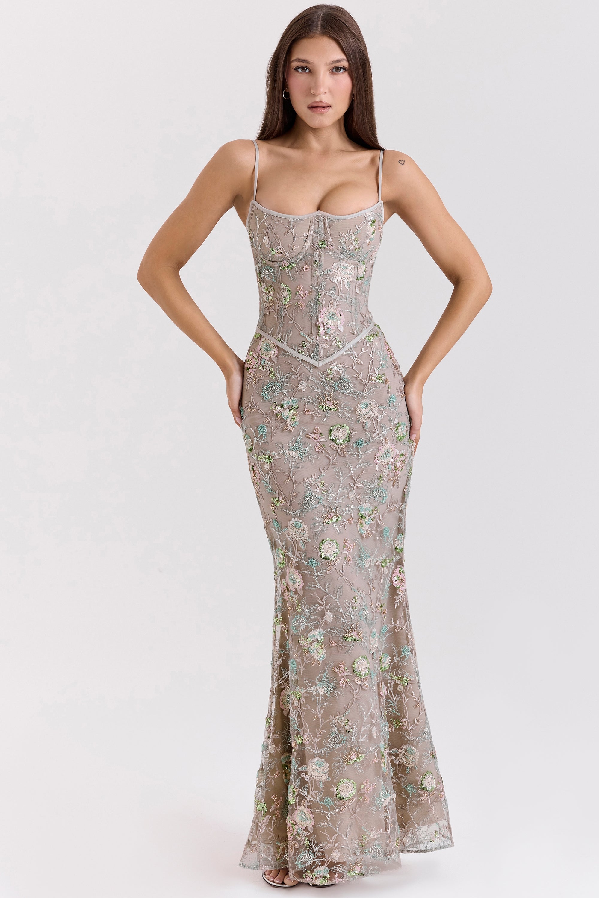 olive bronze hand beaded embellished corset maxi dress - limited edition