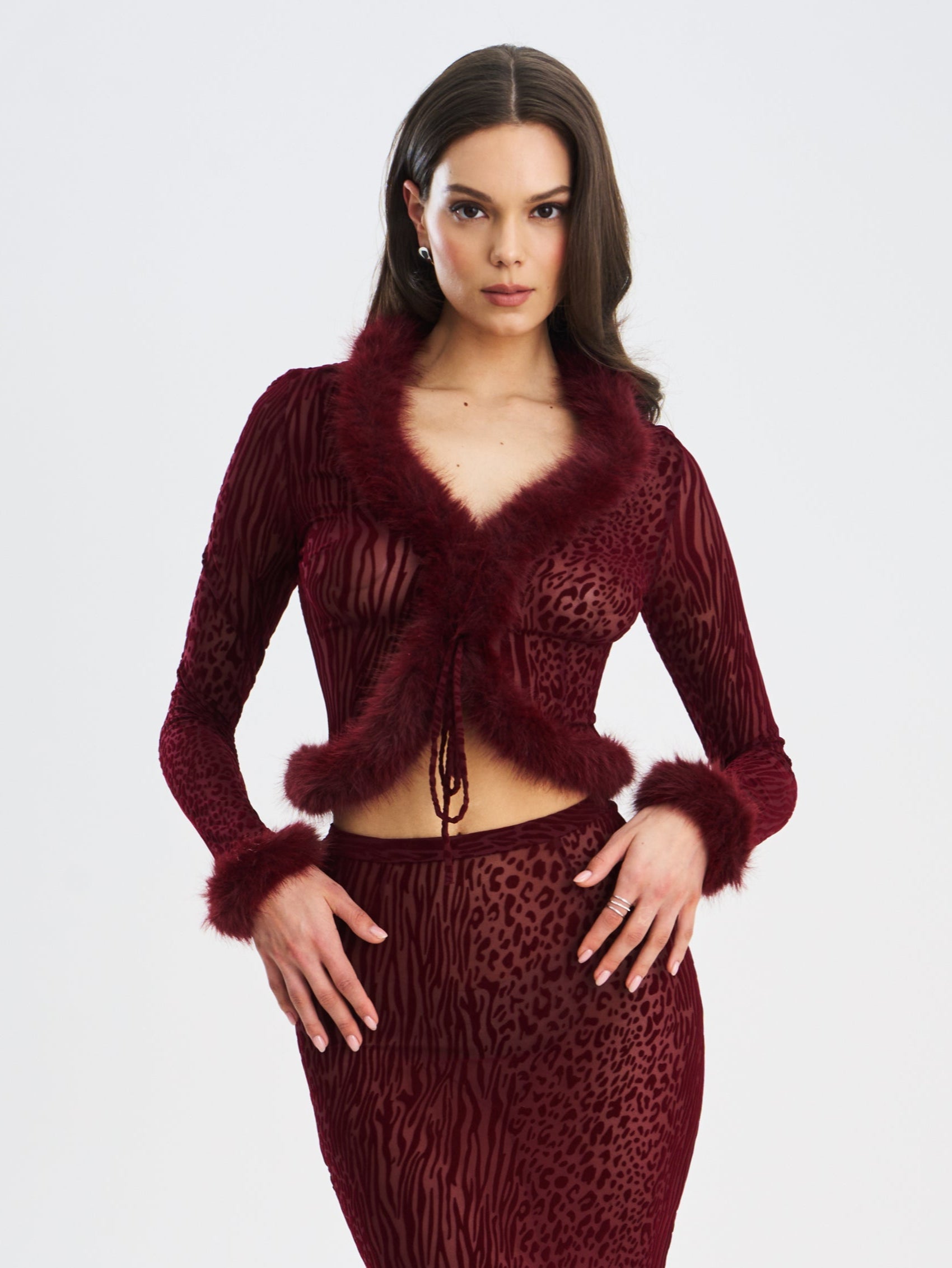 Burgundy Animal Print Velvet Fur Set