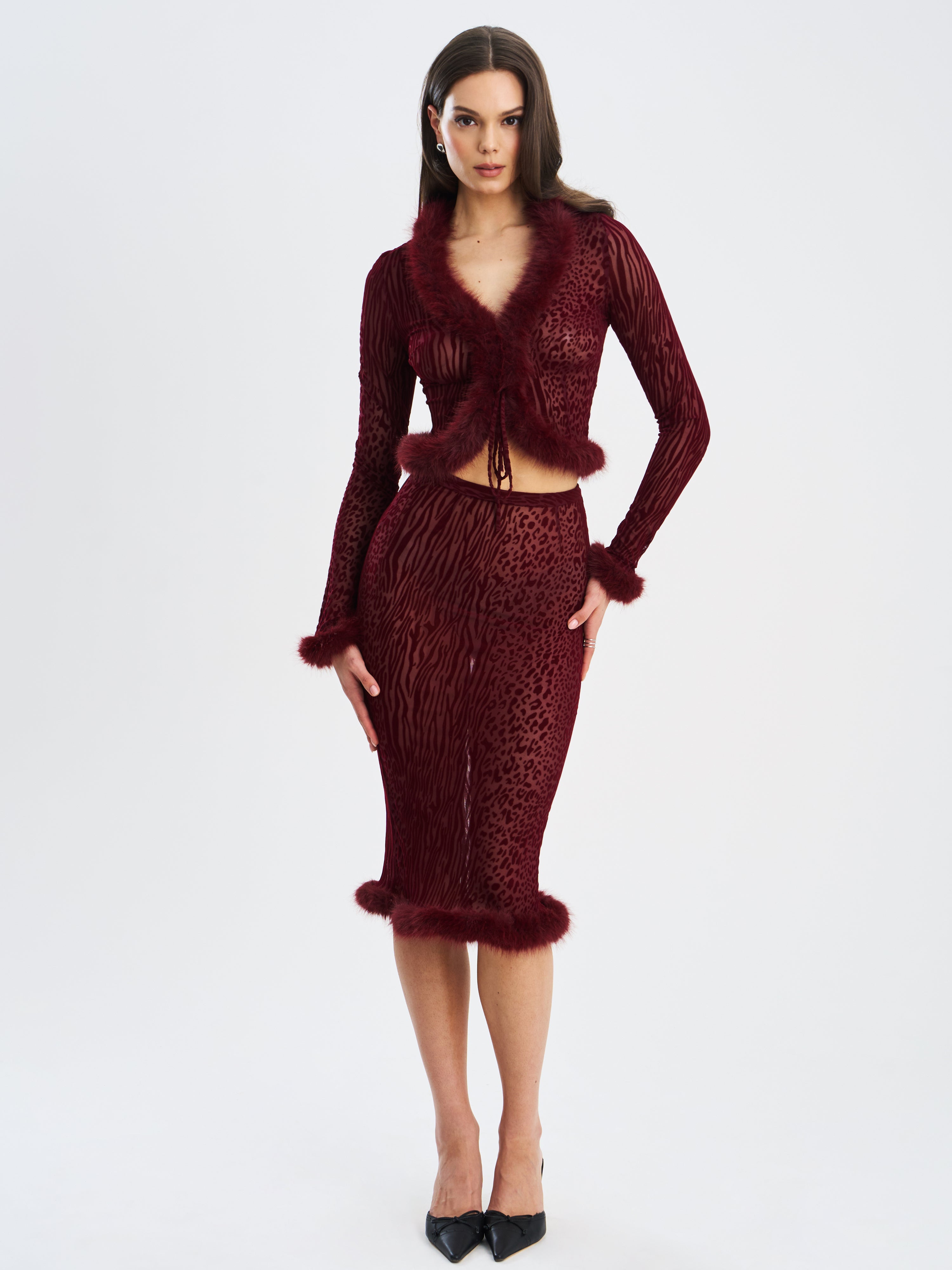 Burgundy Animal Print Velvet Fur Set