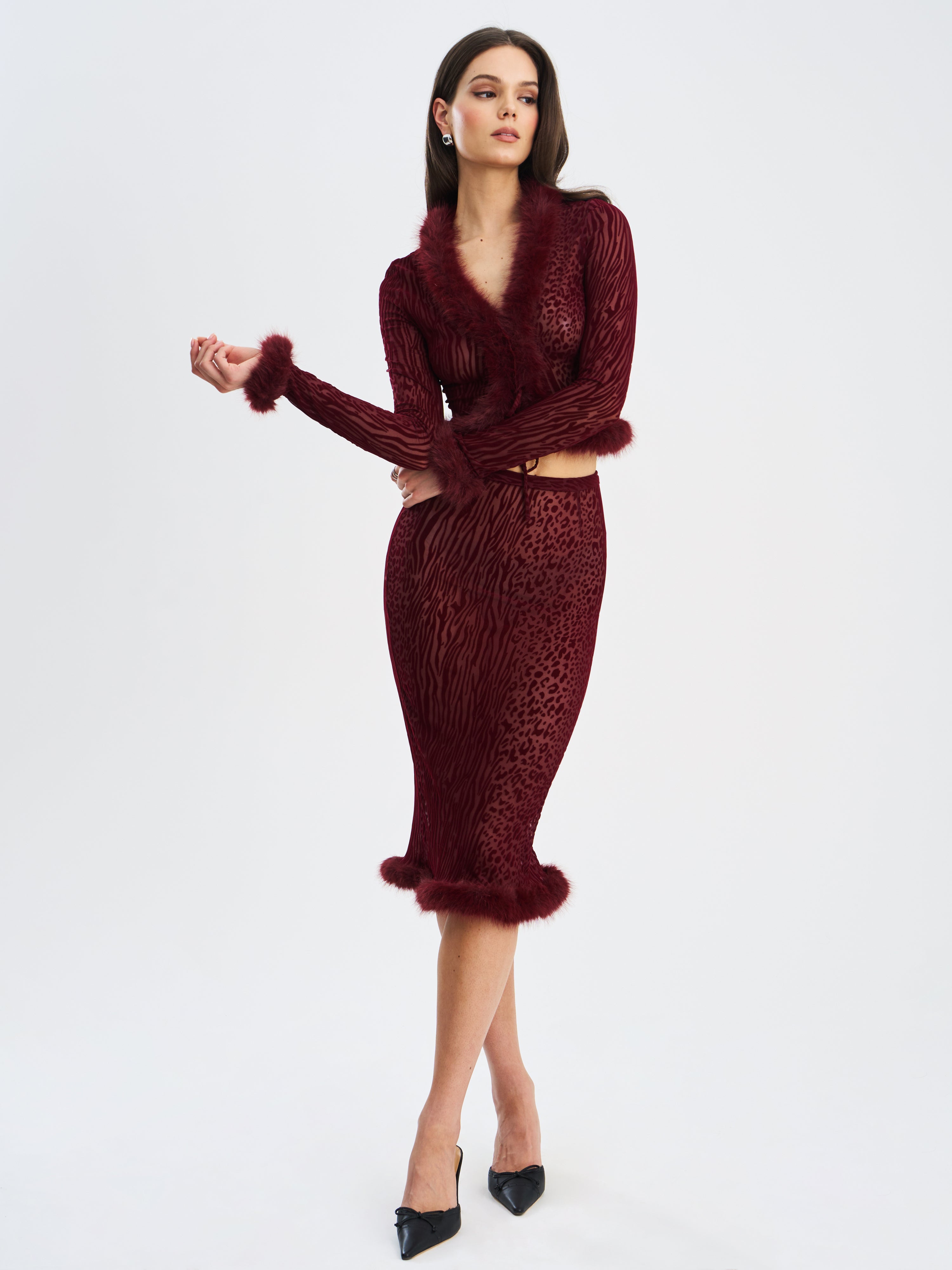 Burgundy Animal Print Velvet Fur Set