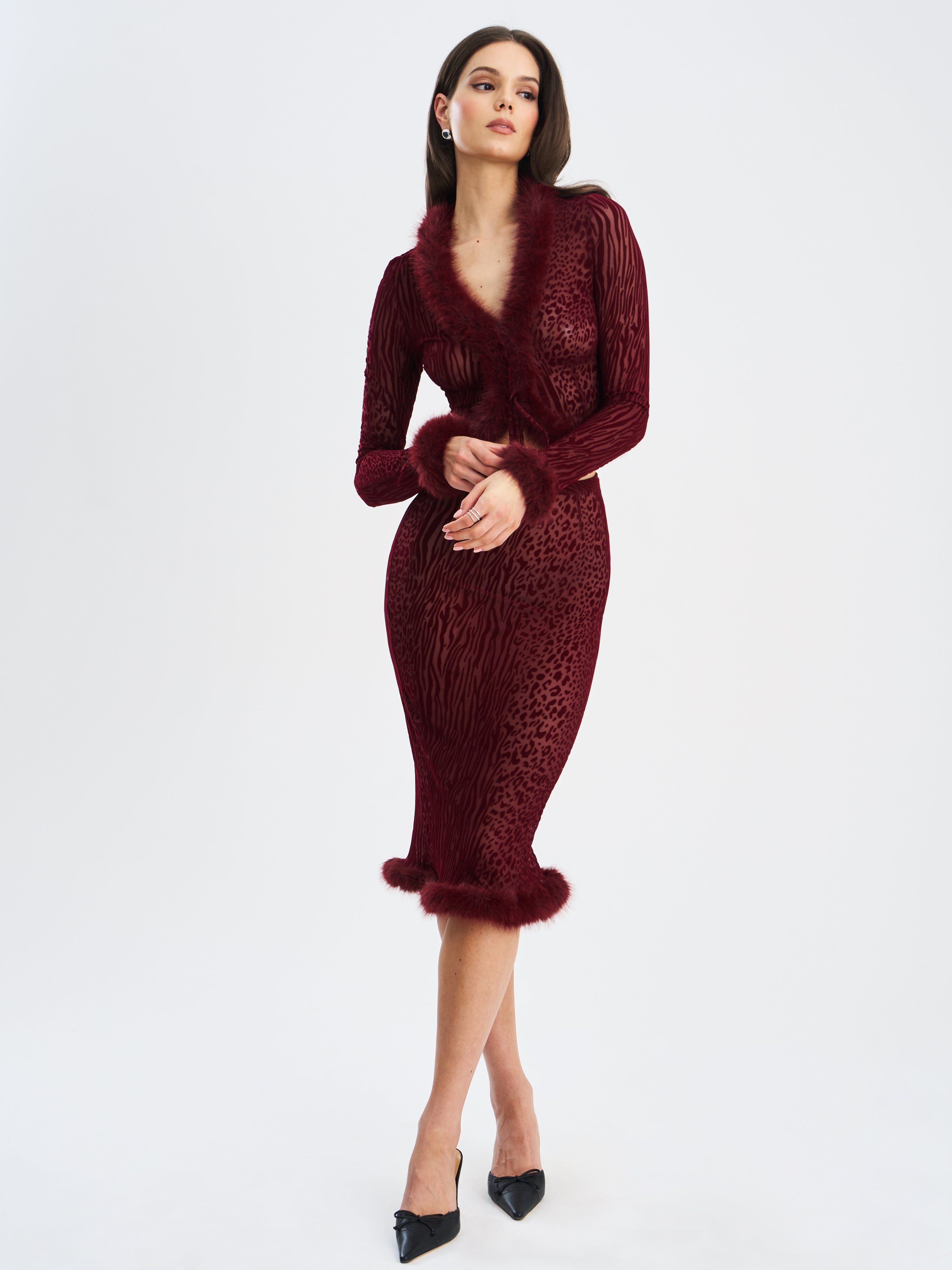 Burgundy Animal Print Velvet Fur Set
