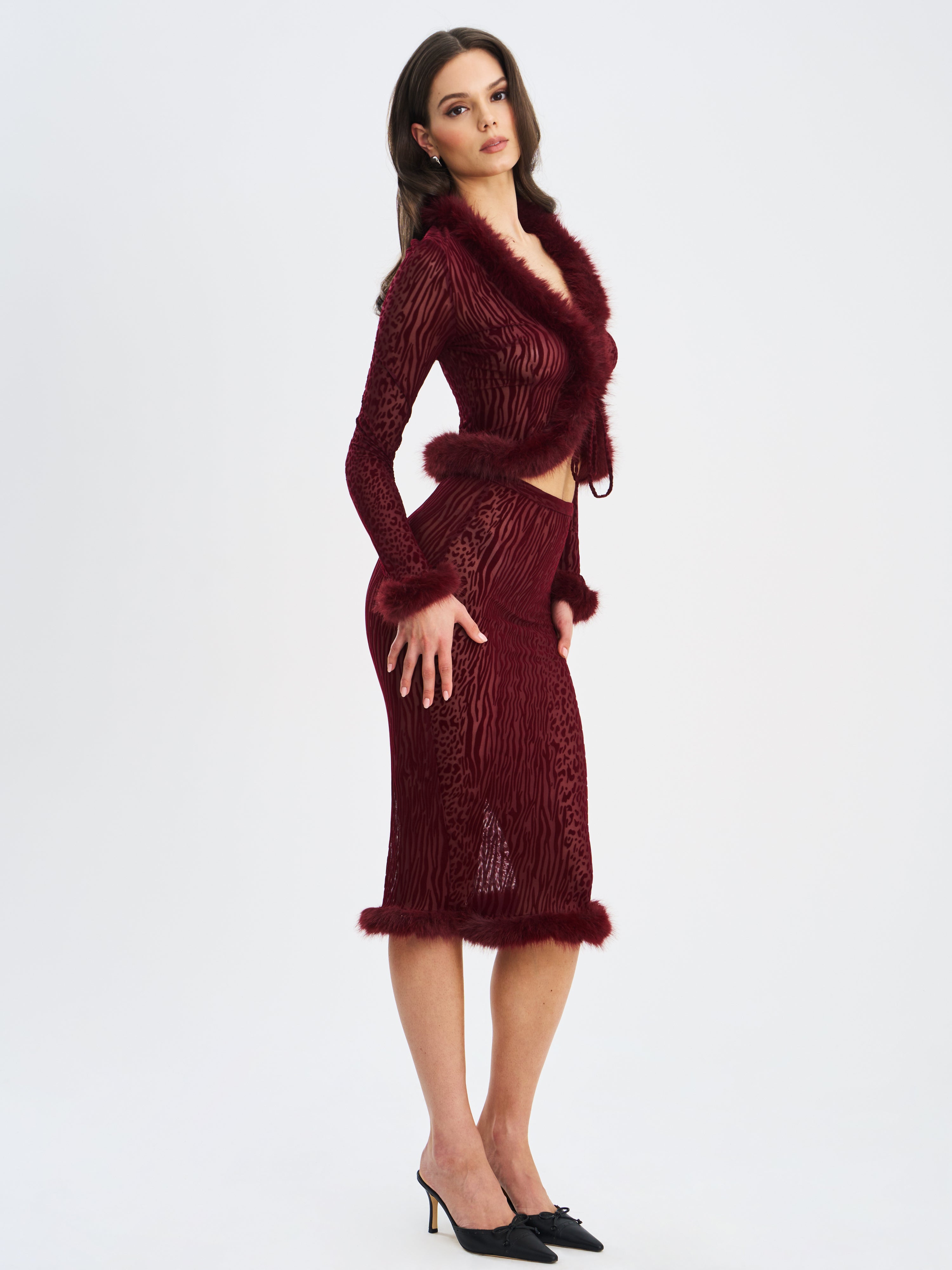 Burgundy Animal Print Velvet Fur Set